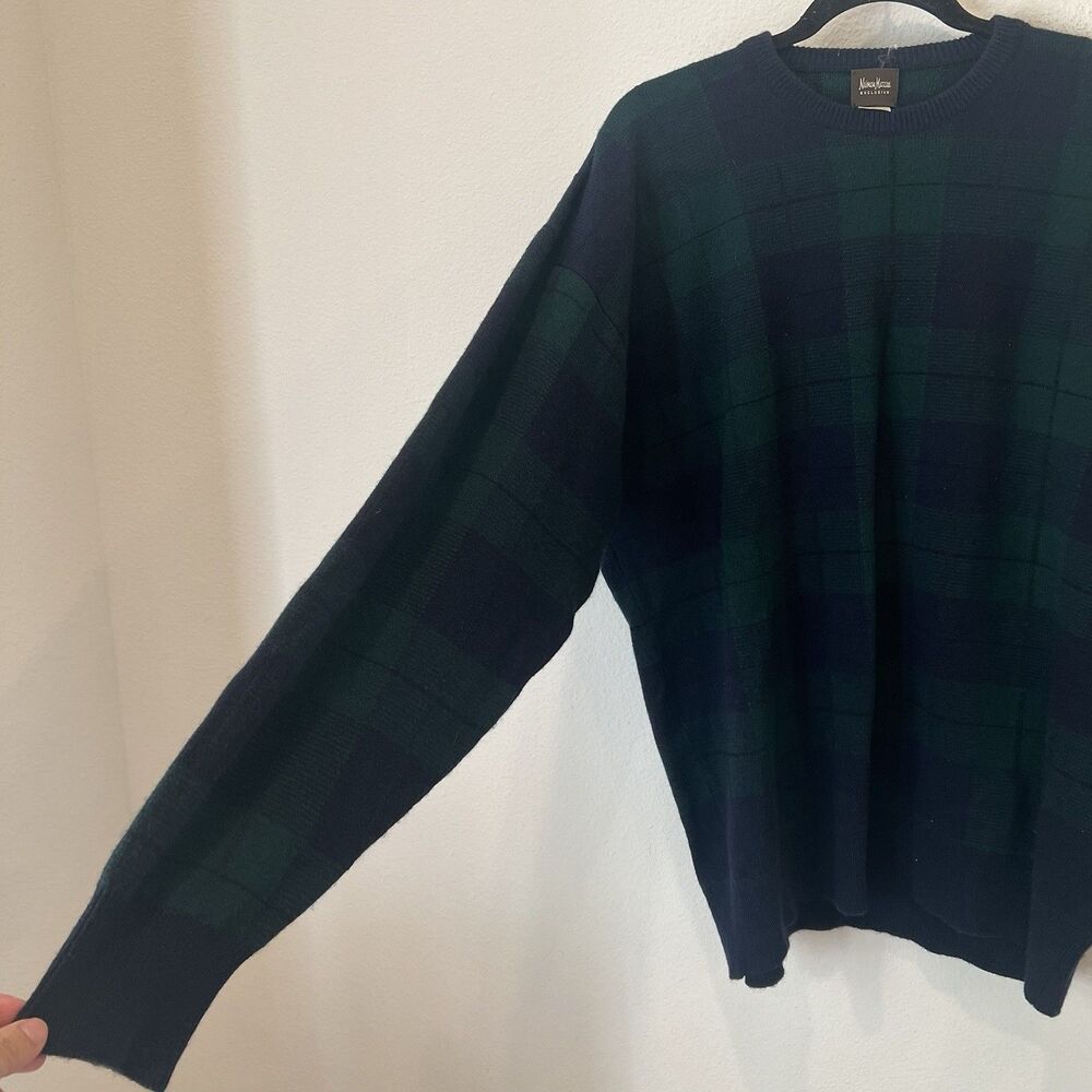 Vintage Y2k Neiman Marcus Cashmere Men’s Green Blue tartan sweater luxury preppy - Picture 3 of 6